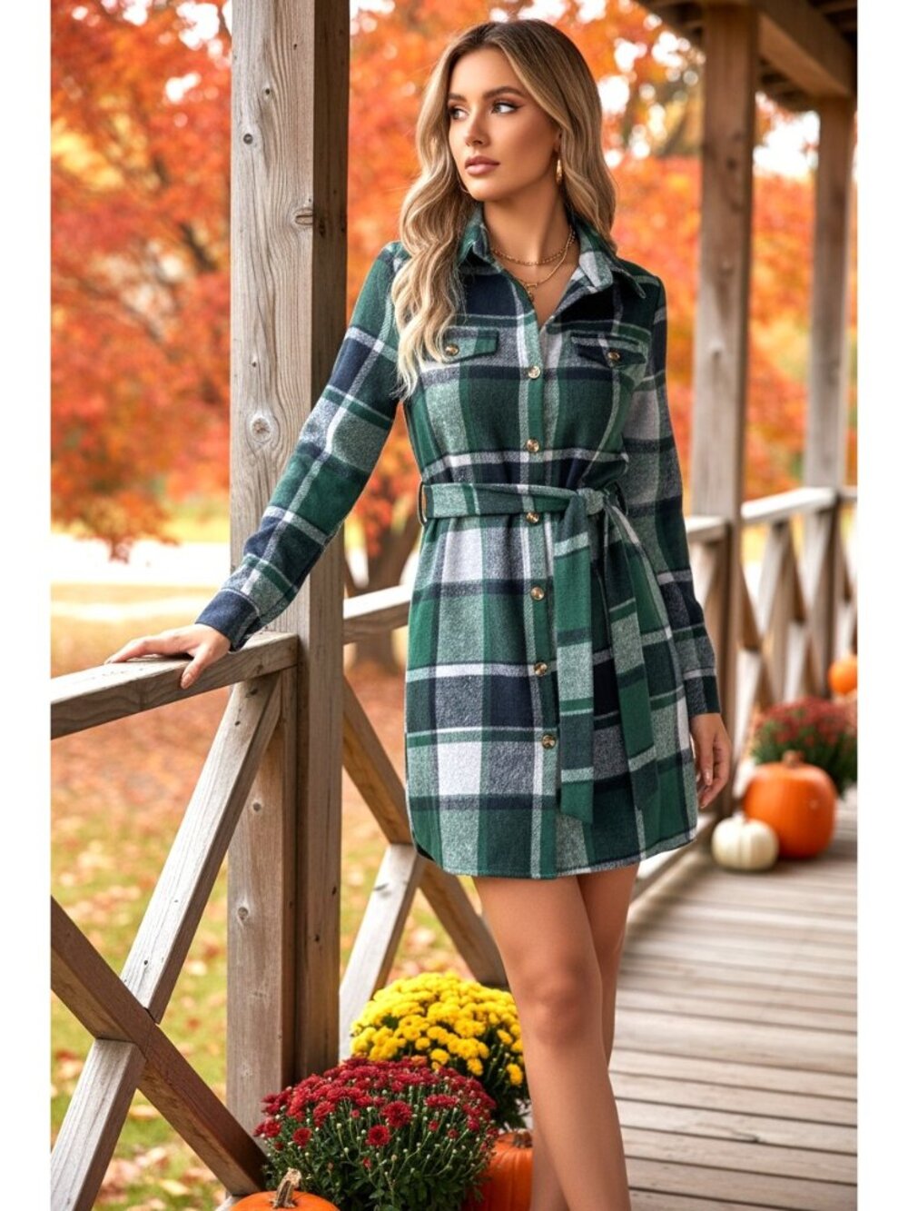 Plaid Tie Belted Button-Front Long Sleeve Mini Collared Shirt Dress Chest Pocket